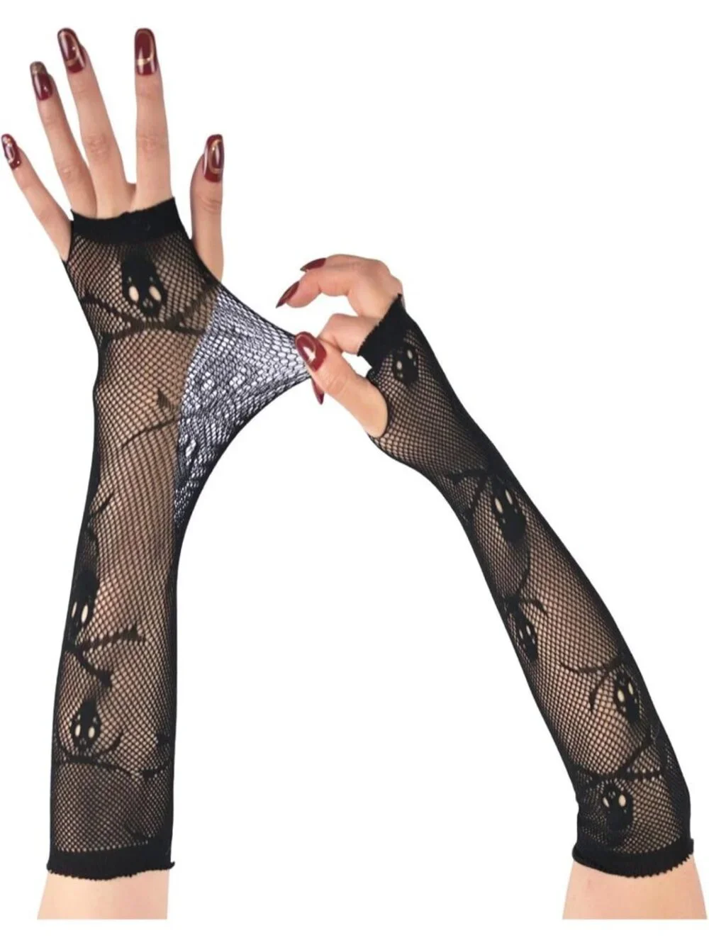 Women's Black Skull Crossbones Fishnet Long Fingerless Gothic Gloves